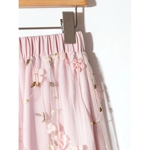 Pink high waist tulle midi skirt with 3D floral embroidery and elastic waistband