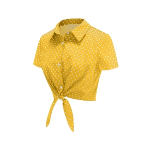Detail of yellow polka dot crop top shirt with front buttons and tied waist design
