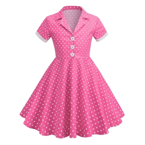 Girls Vintage Polka Dot Dress Cotton Blend Short Sleeve Lapel A-Line Party Princess Dress For Toddlers Retro Style Kids