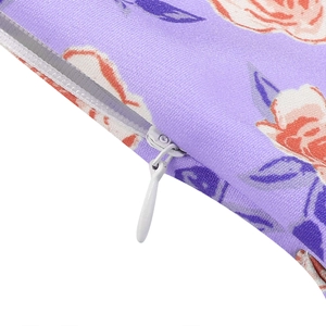 Detail of hidden zipper and floral twill fabric on light purple rose print pillow case