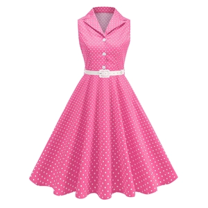 Retro 50er Jahre rosa ärmelloses Kleid mit weißen Punkten, Reverskragen und Gürtel