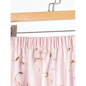 Pink high-waist double-layer mesh midi skirt with elegant golden floral embroidery