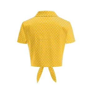 Rear view of yellow polka dot short sleeve crop shirt with stylish waist tie knot