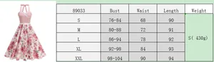 Detailed size chart for retro floral halter dress featuring bust and waist measurements