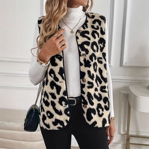 Women Leopard Print Plush Vest Faux Fur Sherpa Sleeveless Jacket Button Up Polar Fleece Autumn Winter Outwear Waistcoat