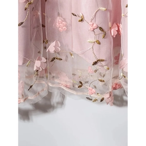 Pink high-waist double-layer mesh skirt with 3D floral embroidery and golden thread