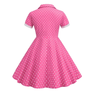 Vintage girls pink polka dot short sleeve dress with A-line skirt back view