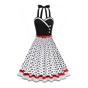 Women Vintage 1950s Hepburn Style Halter Polka Dot Floral Dress A-Line Swing Rockabilly Party Midi Dress With Belt