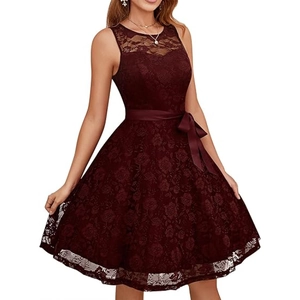 Robe Midi Cocktail Femme Élégante Sans Manches en Dentelle Florale Avec Ceinture en Satin Ligne A Demoiselle d'Honneur