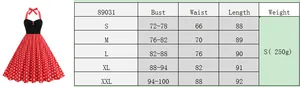 Detailed size chart for vintage halter polka dot dress showing S to XXL measurements