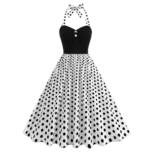 Women Fifties Vintage Rockabilly Halter Polka Dot Midi Dress Retro Hepburn Style Patchwork Party A-Line Sun Dress