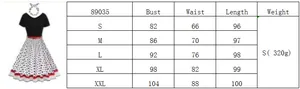 Size chart for vintage polka dot dress showing bust waist and length measurements