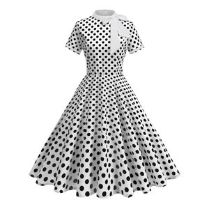 Hepburn Style Retro Polka Dot Midi Dress For Women Short Sleeve A-Line Swing Party Dress With Bowknot Elegant Vintage Dress