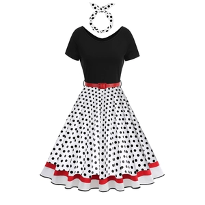 Vintage Hepburn Style Polyester Polka Dot Midi Dress For Women V-Neck Short Sleeve Flare Dress With Headband And Belt