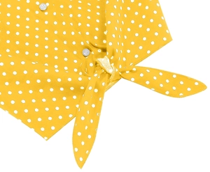 Detail of yellow polka dot shirt featuring a front tie knot and white buttons
