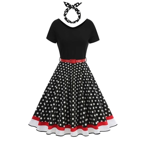 Retro 1950s V-neck polka dot dress set with a red waist belt and matching headband