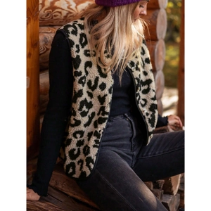 Chic leopard print faux shearling vest with button closure for women in winter