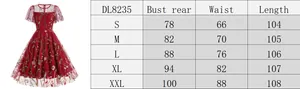 Size chart for embroidery mesh dress showing Bust, Waist, and Length from S to XXL