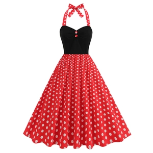 Vintage 50s rockabilly halter dress with black bodice and red white polka dot swing skirt