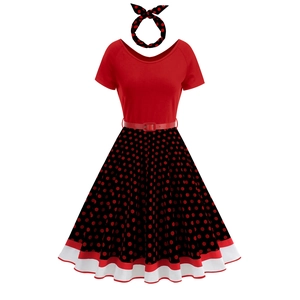 Retro 50s Audrey Hepburn style red and polka dot dress set with belt and headband
