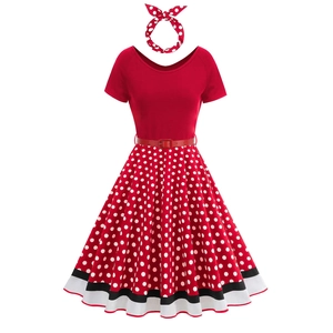 Vintage 1950s Audrey Hepburn style red polka dot dress set with matching headband