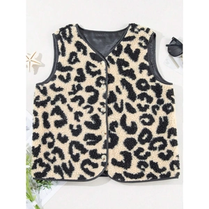 Chic leopard print faux fur vest with V-neck and white buttons on a white background