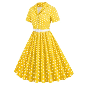 Abito vintage giallo a pois con cintura in pelle bianca e taglio svasato ad A