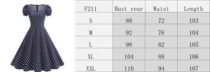 Size chart table for retro polka dot dress featuring detailed measurements from S to XXL