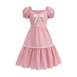 Vestito da Principessa in Misto Cotone per Bambina Manica Corta a Sbuffo Scollo a Cuore Con Fiocco Bianco e Bordo in Pizzo