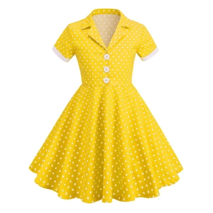 Vintage yellow polka dot short sleeve princess dress with lapel and white buttons