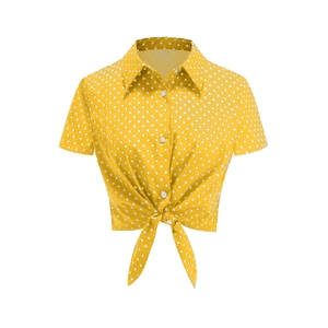 Short-sleeved yellow polka dot blouse with button-up front and stylish tie-knot hem