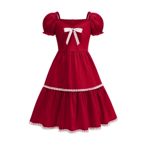 Abito rosso retrò per bambina con pizzo bianco, maniche a sbuffo e fiocco su bianco