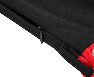 Detailed close-up showing the high-quality invisible zipper and smooth red inner lining