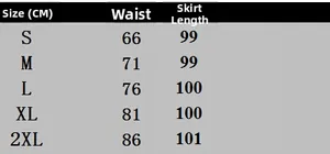Tableau des tailles pour jupe vintage à pois montrant la taille et la longueur de S à 2XL