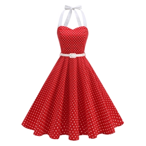 Vintage 1950s red polka dot halter dress with white bow detail and matching belt