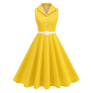 Vintage 1950er Jahre Stil Punktemuster Ärmellos Revers A-Linien Schwingen Kleid Mit Gürtel Retro Sommer Midi Partykleid