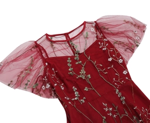 Close-up of burgundy mesh dress with delicate floral embroidery and sheer puff sleeves