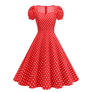 Women's Vintage Polka Dot Midi Dress 1950s Hepburn Style Retro Puff Short Sleeve A-Line Swing Party Cocktail Dress