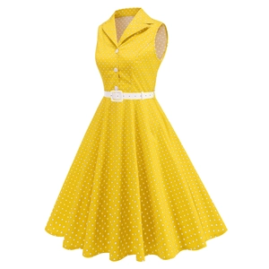 Vintage ärmelloses Polka-Dot Hepburn Kleid in Gelb mit Gürtel und ausgestelltem Rock