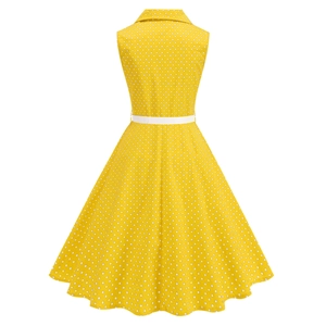 Gelbes Vintage-A-Linien-Kleid mit weißen Punkten und Gürtel in der Rückansicht