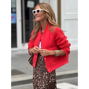 Giacca Bomber Rossa Tinta Unita Casual da Donna Con Bottoni Oro Manica Lunga Tasche Pendolare Cappotto Outwear Moda Streetwear