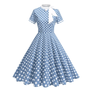 Retro A-line polka dot dress in blue with white lapel collar and bow tie detail