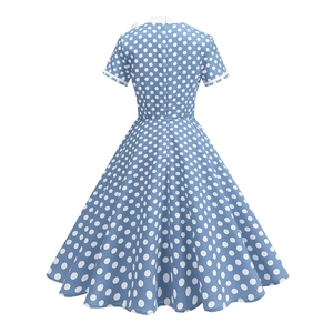 Detailed back view of a retro light blue A-line dress with large white polka dots