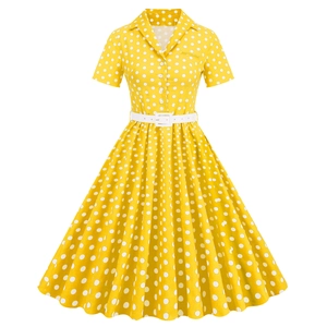 Abito da Donna Vintage Anni '50 Stile Hepburn a Pois Manica Corta Rever a Ruota Swing Party Midi Abito Con Cintura