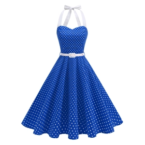Vintage royal blue polka dot halter dress with heart neckline and white belt