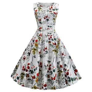 Robe évasée fleurie sans manches avec imprimé de baies et silhouette trapèze