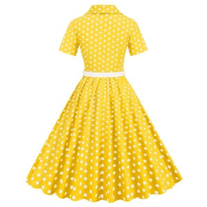 Abito swing retrò giallo a pois con maniche corte, colletto e cintura bianca