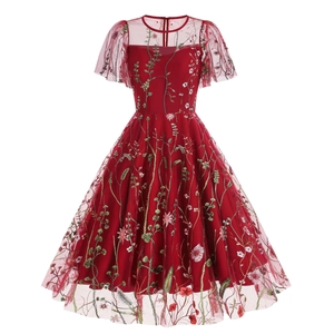 Women's Vintage Burgundy Mesh Floral Embroidery Midi Dress Short Sleeve Round Neck High Waist Smocked A-Line Party Dress