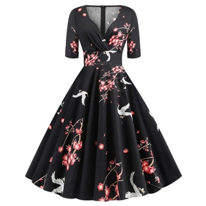 Women Vintage V-Neck Short Sleeve Crane Plum Blossom Print Midi A-Line Swing Dress Cotton Blend Retro Elegant Party Dress