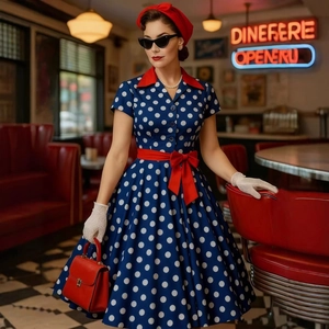 Vestito Donna Retrò Anni 50 a Pois Stile Hepburn Collo a Camicia Manica Corta Linea ad A Lunghezza Midi Con Fiocco